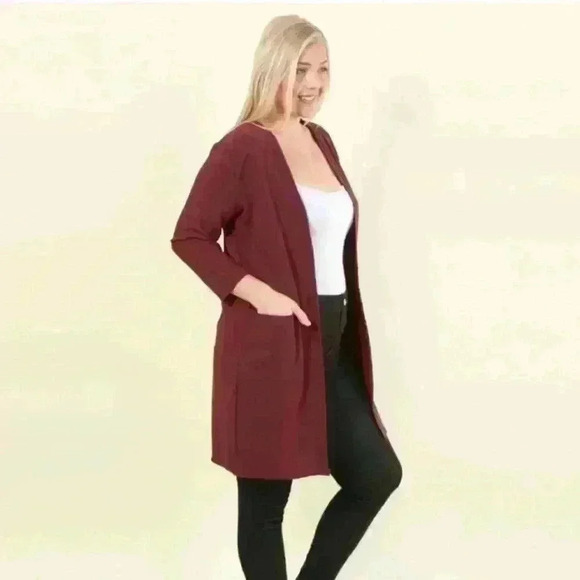 Sweaters - 🚦 Loni Longline Crepe Cardigan 3/4 Sleeve Burgundy With Pockets